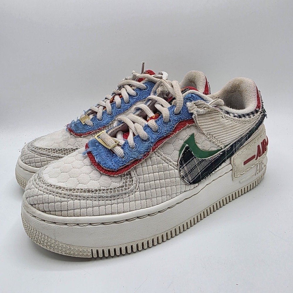 Nike Air Force 1 Shadow SZ 6.5 White Plaid Patchwork Sneakers DZ5193-100‎